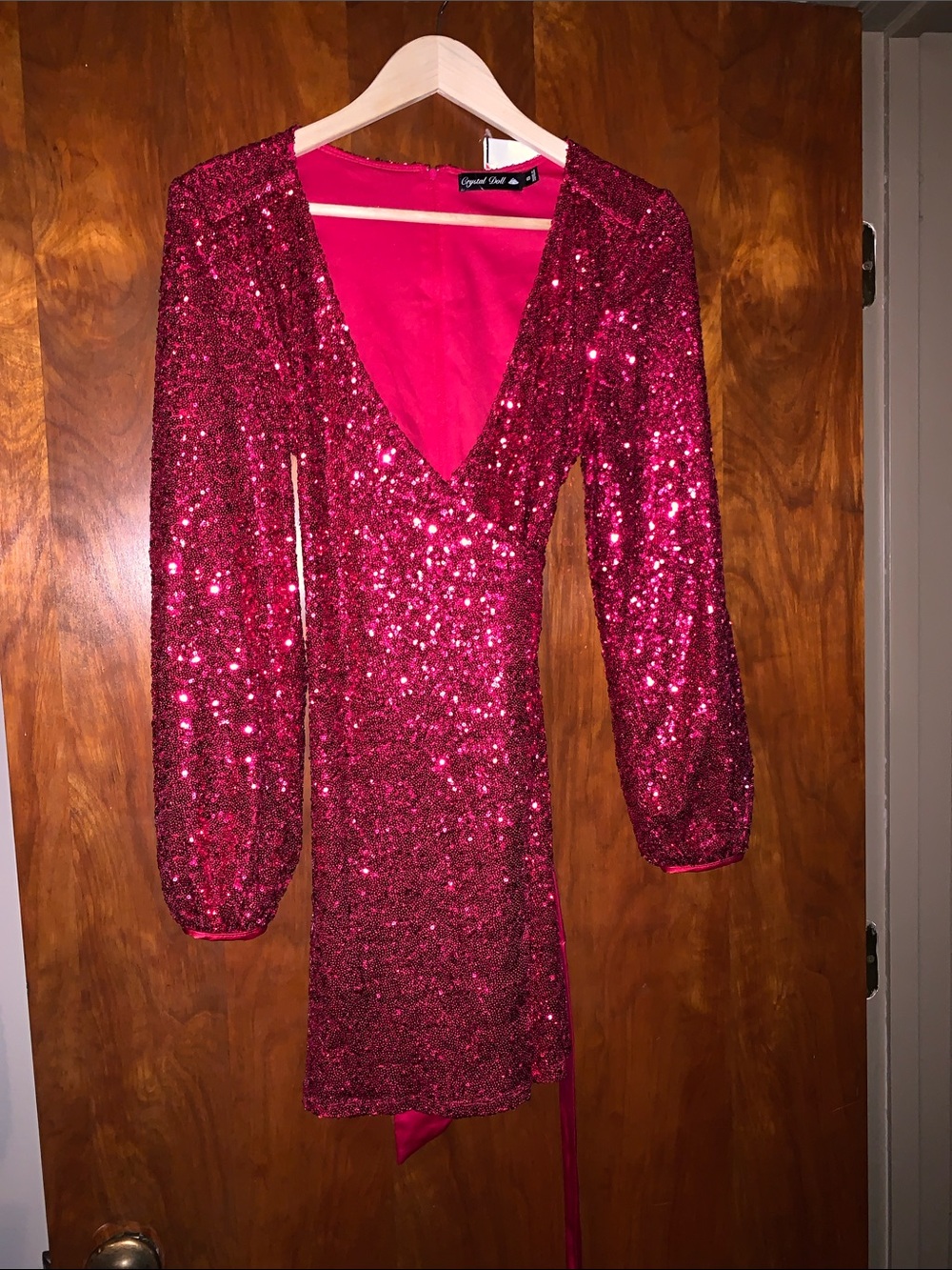 Crystal Doll Hot Pink Sequin Mini Wrap Dress